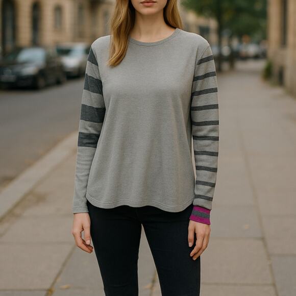 Lisa Todd Gray Contrasting Stripes Cotton Pullover Sweater - Picture 1 of 10